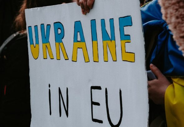 a person holding a sign that says ukraine in eu